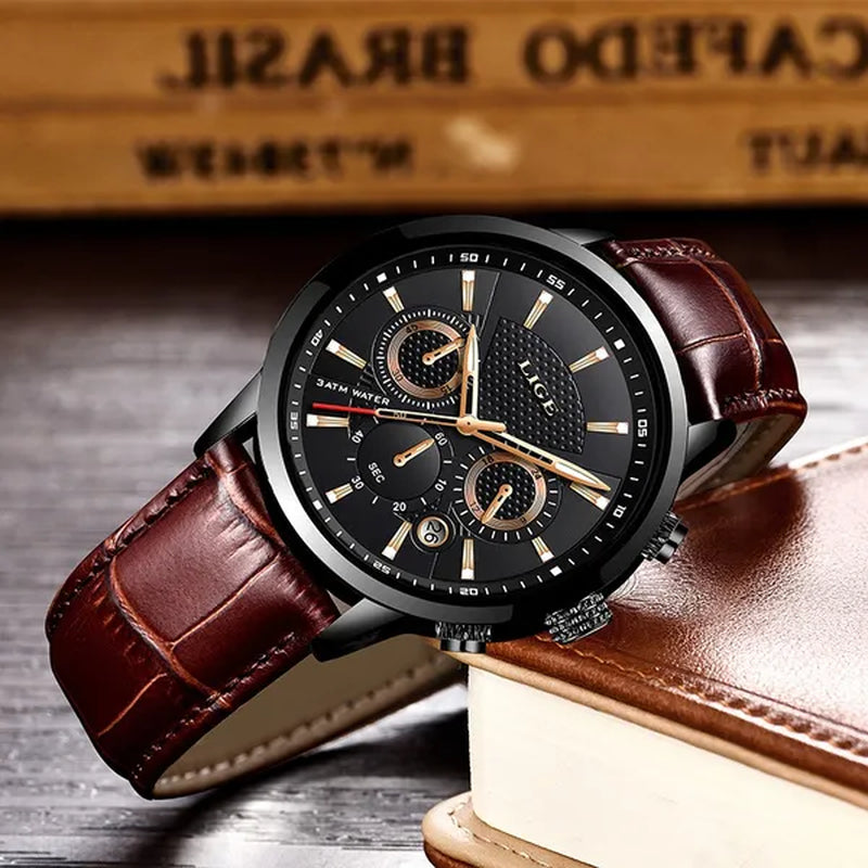 2019 LIGE New Fashion Gift Men Watch Leather Analog Quartz watches Waterproof Chronograph Watch Sport Date Watch
