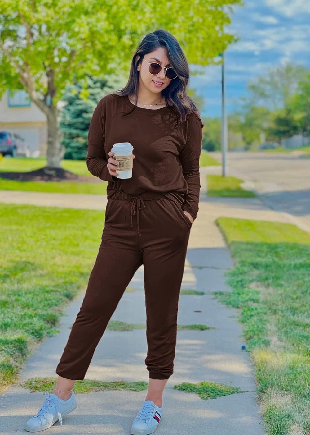 Women'S Fall 2 Piece Lounge Outfit Long Sleeve Crewneck Pullover Tops High Waisted Pants Set Tracksuit