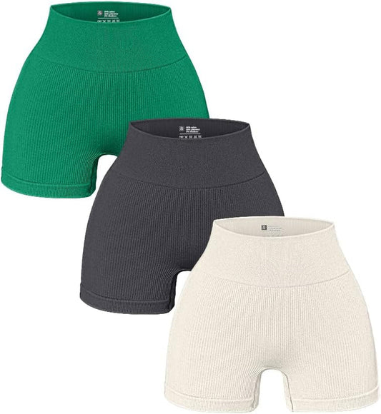 Women'S 3 Piece Yoga Ribbed Seamless Workout High Waist Athletic Legging Shorts - WORLD TIME VISITS