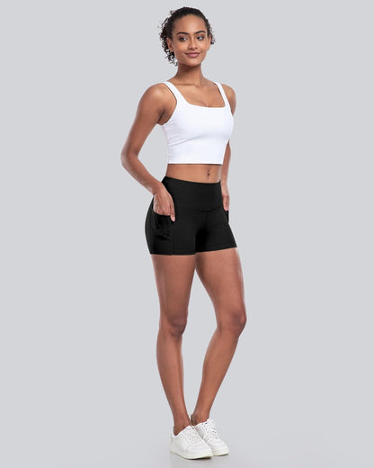 Womens Biker Shorts with Pockets: High Waisted Tummy Control Spandex Workout Yoga Athletic Gym Shorts 4 Packs