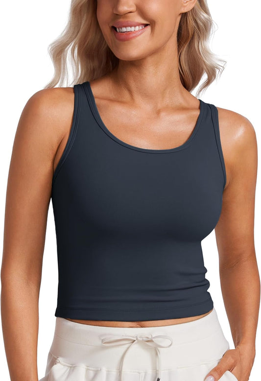 Womens Butterluxe Double Lined Workout Tank Tops Scoop Neck Racerback Cropped Casual Sleeveless Shirt - WORLD TIME VISITS