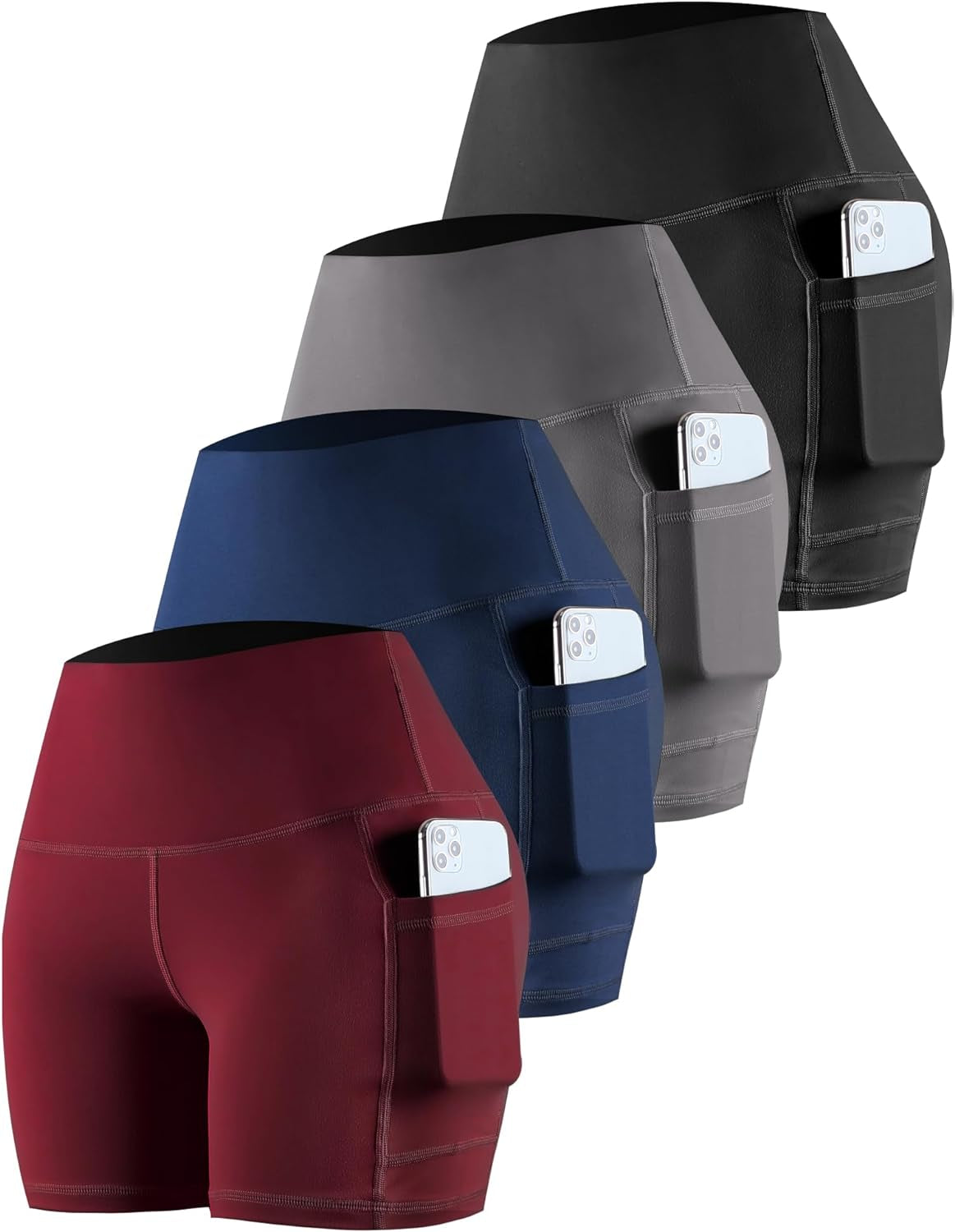 Womens Biker Shorts with Pockets: High Waisted Tummy Control Spandex Workout Yoga Athletic Gym Shorts 4 Packs - WORLD TIME VISITS