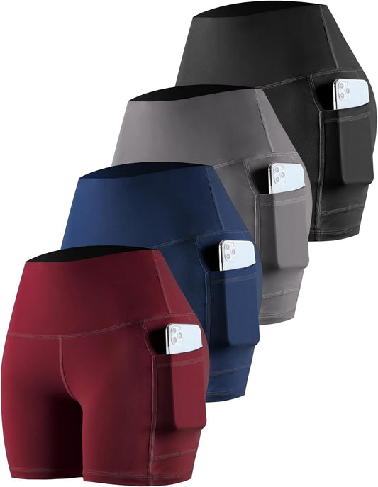 Womens Biker Shorts with Pockets: High Waisted Tummy Control Spandex Workout Yoga Athletic Gym Shorts 4 Packs - WORLD TIME VISITS
