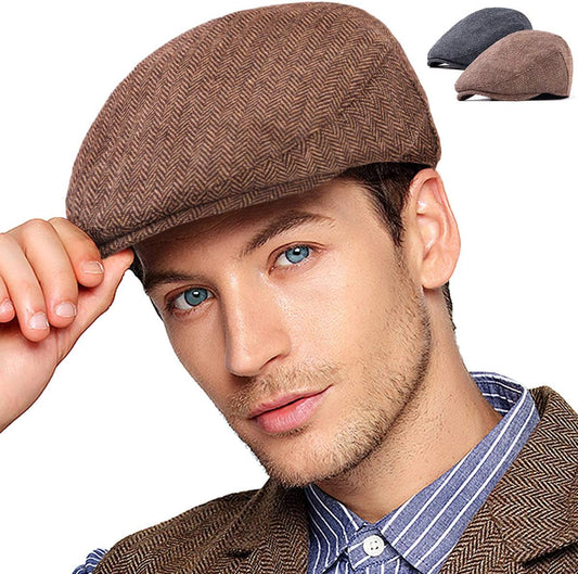 2Pack Adjustable Newsboy Hats for Men Flat Cap Irish Cabbie Wool Blend Tweed