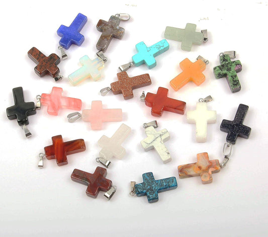 20 Pcs Natural Stone Pendants Cross Gemstone Agate Crystal Healing Charms for Jewelry Making DIY Necklace