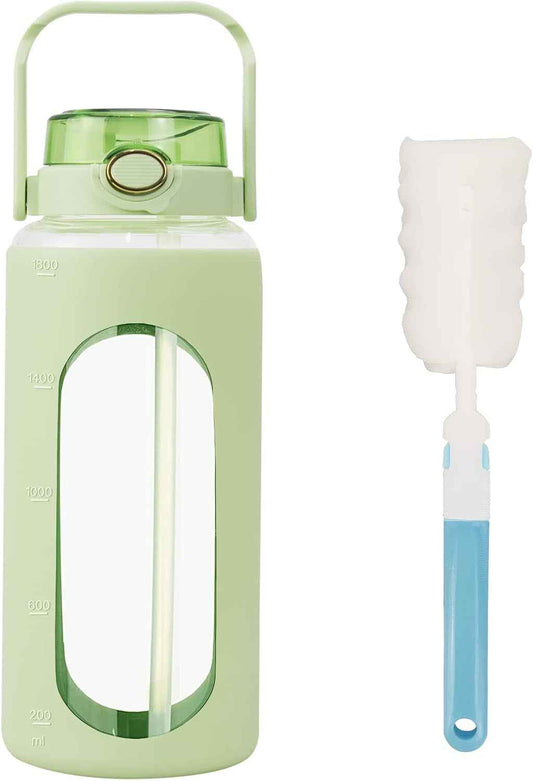 64Oz Glass Water Bottle with Straw, Reusable Half Gallon Aesthetic Water Bottles with Time Marker Large Sports Water Bottles with Silicone Sleeve and Handle for Gym Workout (Green)