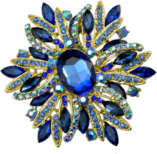 3.5" Huge Big Large Brooch Pendant Scarf Hats Decoration Blue Flower Pin Gold Tone