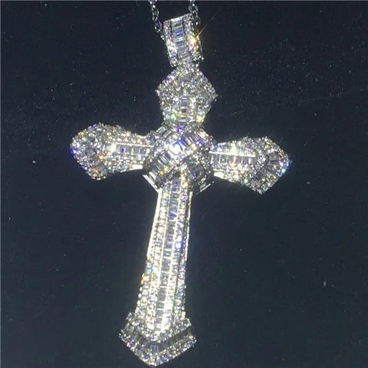 Luxury Big Cross Pendants 5A Zircon Cz Diamond Silver Wedding Pendant with Necklace for Women Men Jewelry