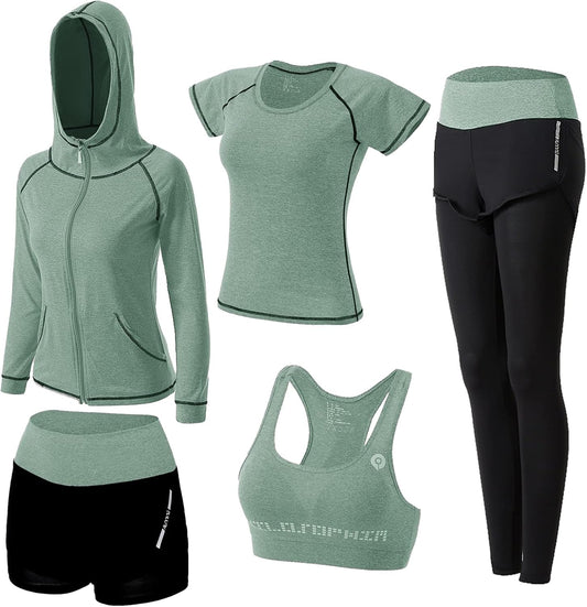 Women'S 5Pcs Sport Suits Fitness Yoga Running Athletic Tracksuits - WORLD TIME VISITS