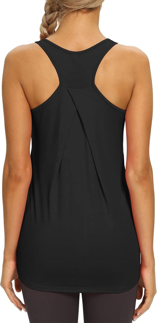 Womens Long Workout Tops Racerback Athletic Yoga Gym Tank Top Sports Tennis Shirt - WORLD TIME VISITS