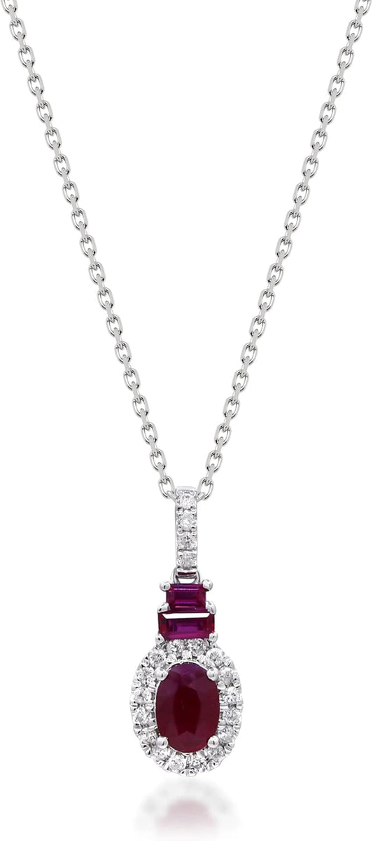 10K White Gold Genuine Ruby and Natural Diamond (I1) Pendant for Women.