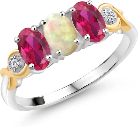 1.34 Ct Oval Cabochon White Ethiopian Opal Red Created Ruby 925 Silver and 10K Yellow Gold G-H Lab Grown Diamond Women Ring
