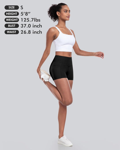 Womens Biker Shorts with Pockets: High Waisted Tummy Control Spandex Workout Yoga Athletic Gym Shorts 4 Packs