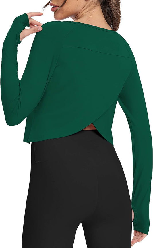 Long Sleeve Athletic Workout Shirts Sports Yoga Gym Crop Tops for Women - WORLD TIME VISITS