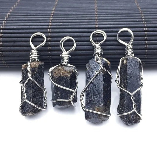 4pcs Natural Black Tourmaline Natural Stone Pendants Reiki Bead Pendant Nunatak Raw Chakra Healing Energy Stone Wire Wrapped Jewelry - WORLD TIME VISITS
