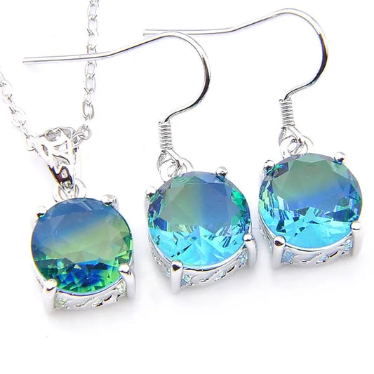 Luckyshine Sparking Round Fire Bi-Colored Tourmaline Gemstone Silver Earrings Pendants Necklaces Jewelry Sets for Women