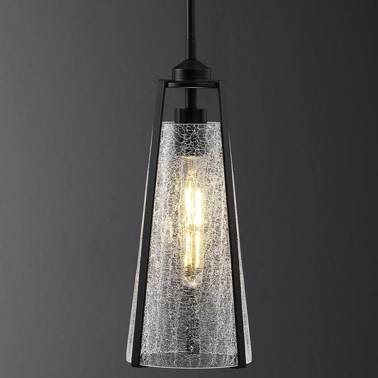 Crackle Glass Pendant Lights Black Hanging Ceiling Light Fixtures 14" Farmhouse Chandelier Adjustable Metal Cord for Dining Room Kitchen Island Bedroom Foyer, T10 Bulb Included