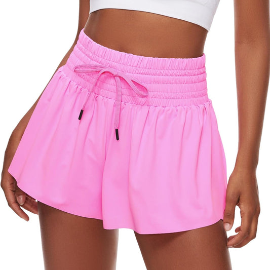 Women Flowy Athletic Shorts,2 in 1 High Waisted Running Shorts with Pocket Yoga Workout Casual Wear Summer - WORLD TIME VISITS
