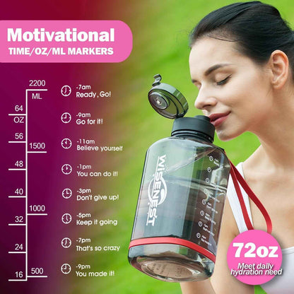 Half Gallon Water Bottles - Leakproof Large Bpa-Free Water Jug - Motivational Water Bottle with Time Marker, Wide-Mouth for Sports Gym Travel Men Women (2.2L, Black, 72 Ounce)