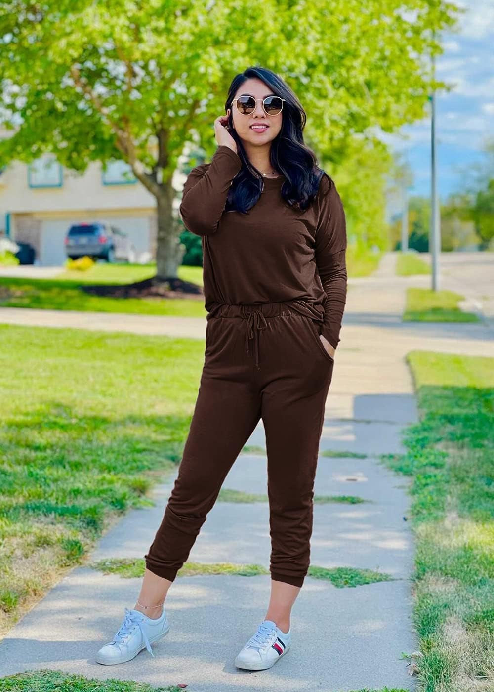 Women'S Fall 2 Piece Lounge Outfit Long Sleeve Crewneck Pullover Tops High Waisted Pants Set Tracksuit - WORLD TIME VISITS