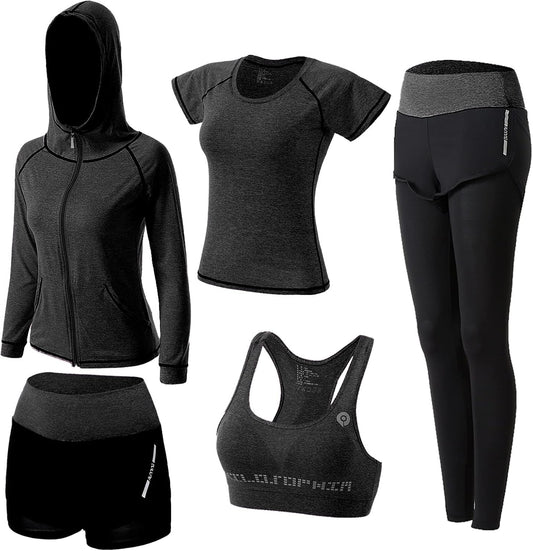 Women'S 5Pcs Sport Suits Fitness Yoga Running Athletic Tracksuits - WORLD TIME VISITS