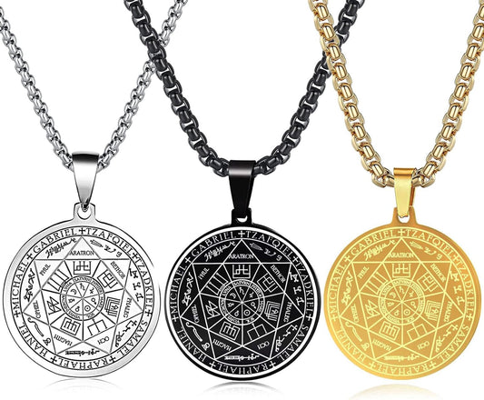 St Michael Necklace for Men, Seal of the 7 Archangels Pendant Protect Necklace Stainless Steel Mens Spiritual Talisman Protection Amulet Healing Jewelry Saint Michael Pendants