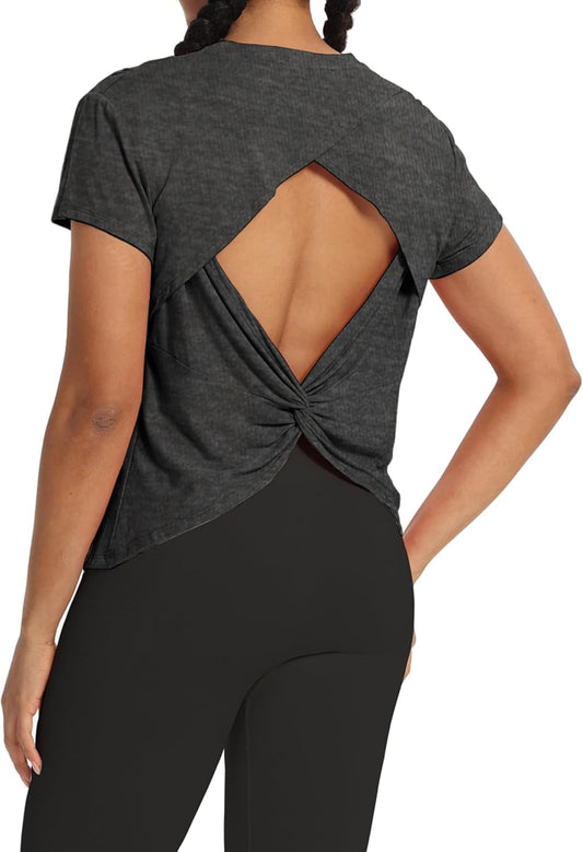 Backless Workout Athletic Shirts Short Sleeve Split Back Yoga Exercise Tops for Women - WORLD TIME VISITS
