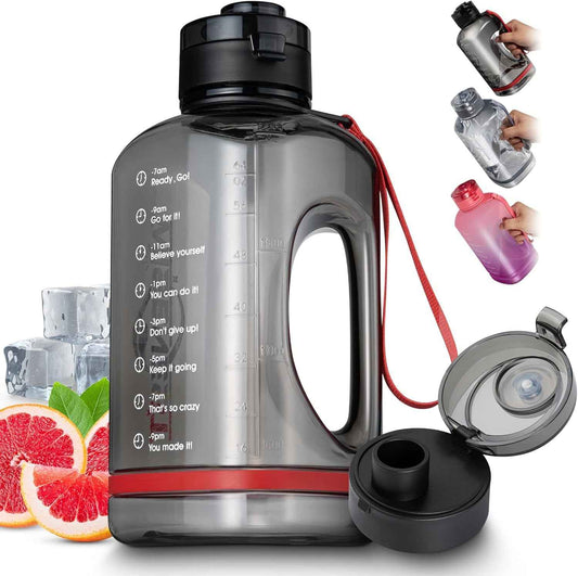 Half Gallon Water Bottles - Leakproof Large Bpa-Free Water Jug - Motivational Water Bottle with Time Marker, Wide-Mouth for Sports Gym Travel Men Women (2.2L, Black, 72 Ounce)