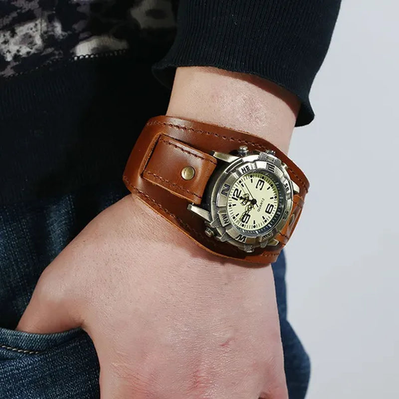Vintage Retro Big Wide Genuine Leather Strap Watch Men Punk  Quartz Cuff Watch Wristwatches Bracelet Bangle Relogio Masculino