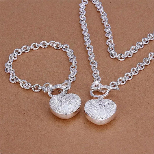 925 Sterling Silver Cute Crystal Heart Pendant Bracelet Necklace Set for Woman Wedding Engagement Party Charm Jewelry Gift
