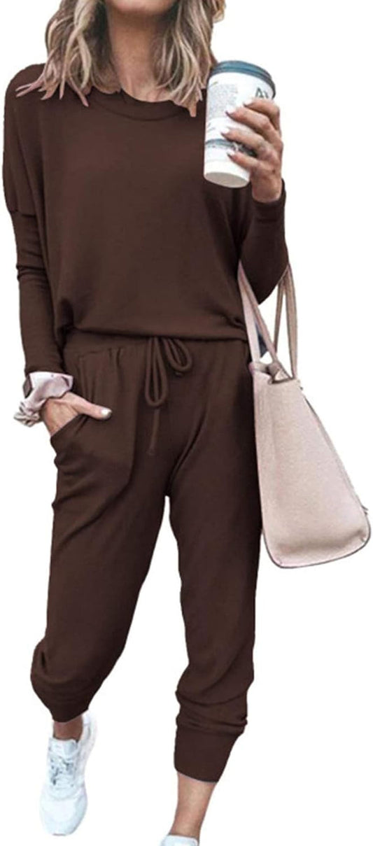 Women'S Fall 2 Piece Lounge Outfit Long Sleeve Crewneck Pullover Tops High Waisted Pants Set Tracksuit - WORLD TIME VISITS