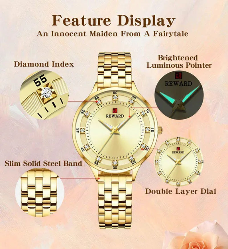 REWARD Fashion Quartz Watch Luxury Waterproof Anti-Scratch Wristwatches Timepiece Stainless Steel Wrist Watches for Women