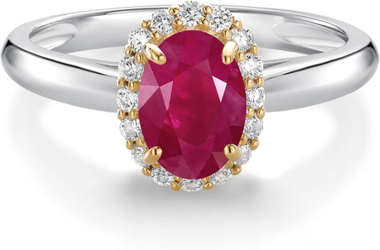 Halo Engagement Ring for Women in 10K White and Yellow Gold with 7X5MM Oval Gemstone Birthstone and White Lab Grown Diamond | Available in Size 5, 6, 7, 8, 9