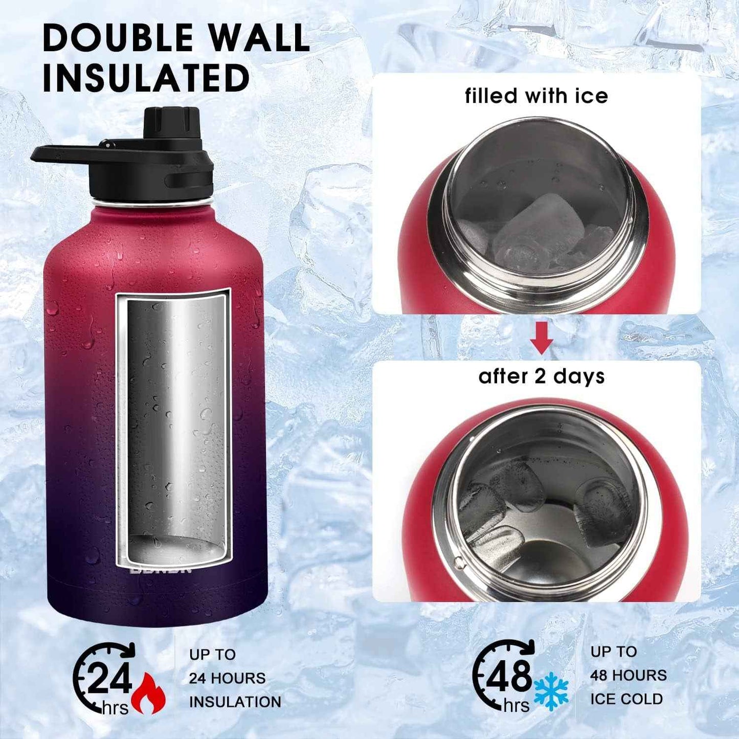 64 Oz Insulated Water Bottle with Straw & Paracord Handles & 2 Lids, Leak Proof Metal Water Jug, Hot Cold Stainless Steel Thermal Water Bottles, Half Gallon Large Water Flask for Sports, Gym