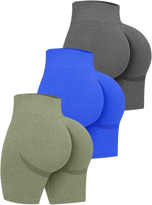 Women'S 3 Piece High Waist Workout Shorts Butt Lifting Tummy Control Ruched Booty Smile Yoga Short Pants