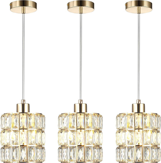 Gold Crystal Pendant Light, Pendant Lights Kitchen Island 3 Pack, Adjustable Modern Pendant Light, Hanging Light Fixtures for Dining Room Entryway Living Room Bar