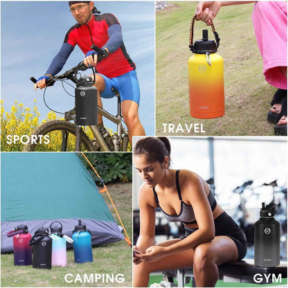 64 Oz Insulated Water Bottle with Straw & Paracord Handles & 2 Lids, Leak Proof Metal Water Jug, Hot Cold Stainless Steel Thermal Water Bottles, Half Gallon Large Water Flask for Sports, Gym