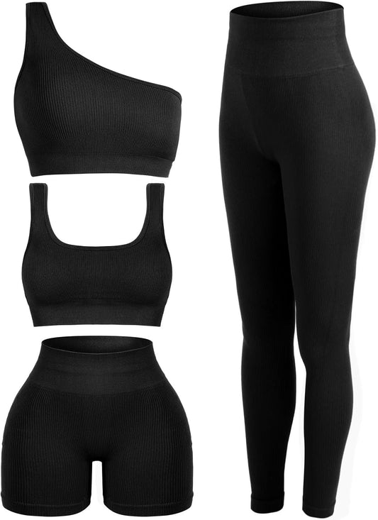 4 Pcs Women'S Workout Sets Pilates Exercise Outfit Ribbed Scoop Neck Sports Bra Shorts Leggings Gym Clothes Set - WORLD TIME VISITS