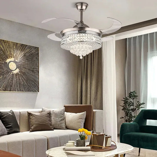 42'' Modern Invisible Telescopic Ceiling Fan Light LED Chandelier with Remote Control Silver