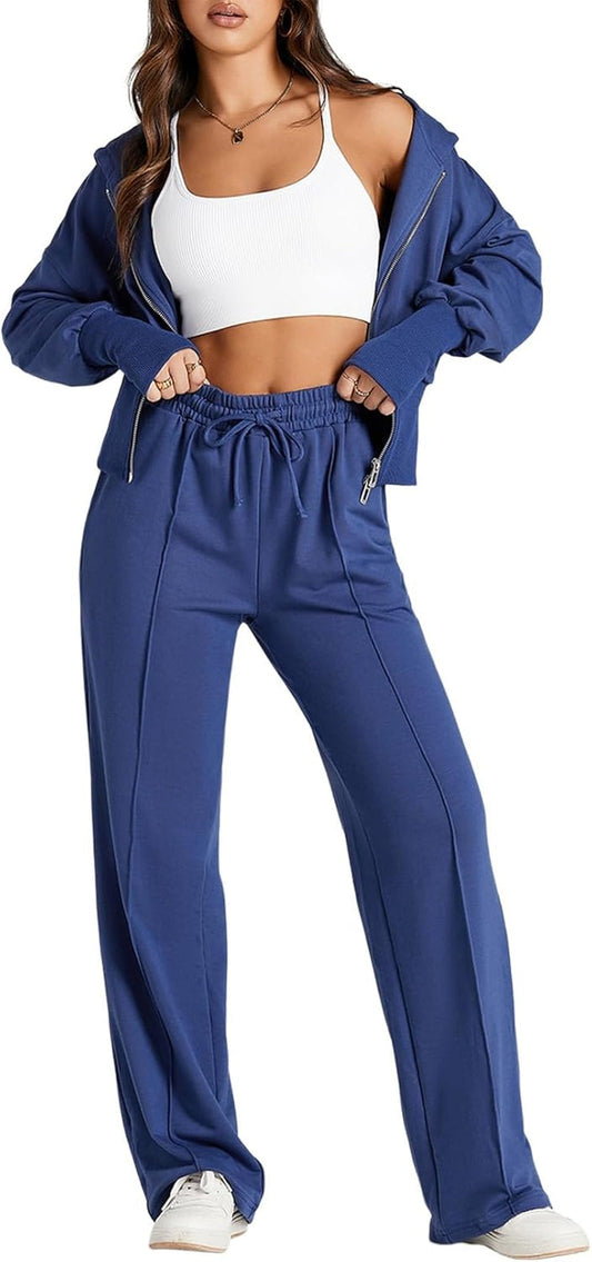 Womens 2 Piece Casual Outfit Workout Hoodie Sweatsuits with Sweatpant Travel Airport Track Suits Lounge Sets - WORLD TIME VISITS
