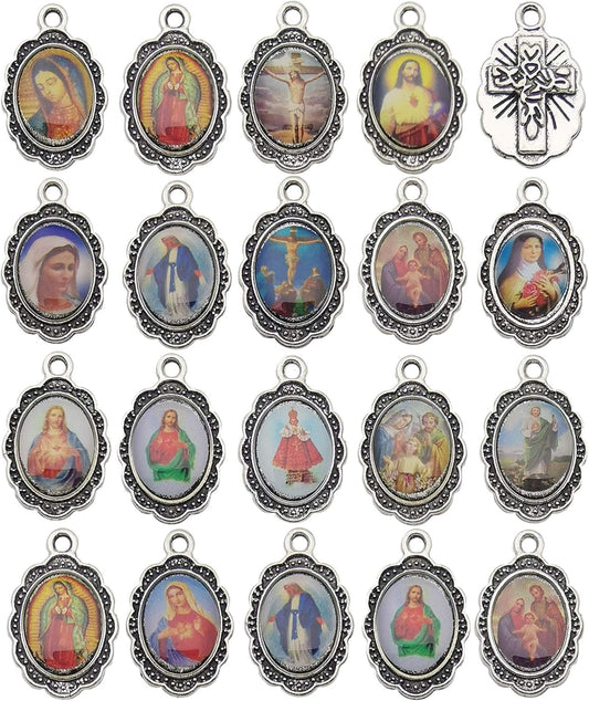 50Pcs Antique Silver Picture Jesus Enamel Our Lady Miraculous Medal Floral Rosary Centerpiece Alloy Crucifix Cross Mother'S Day Pendants Charms for Jewelry Making (M218)