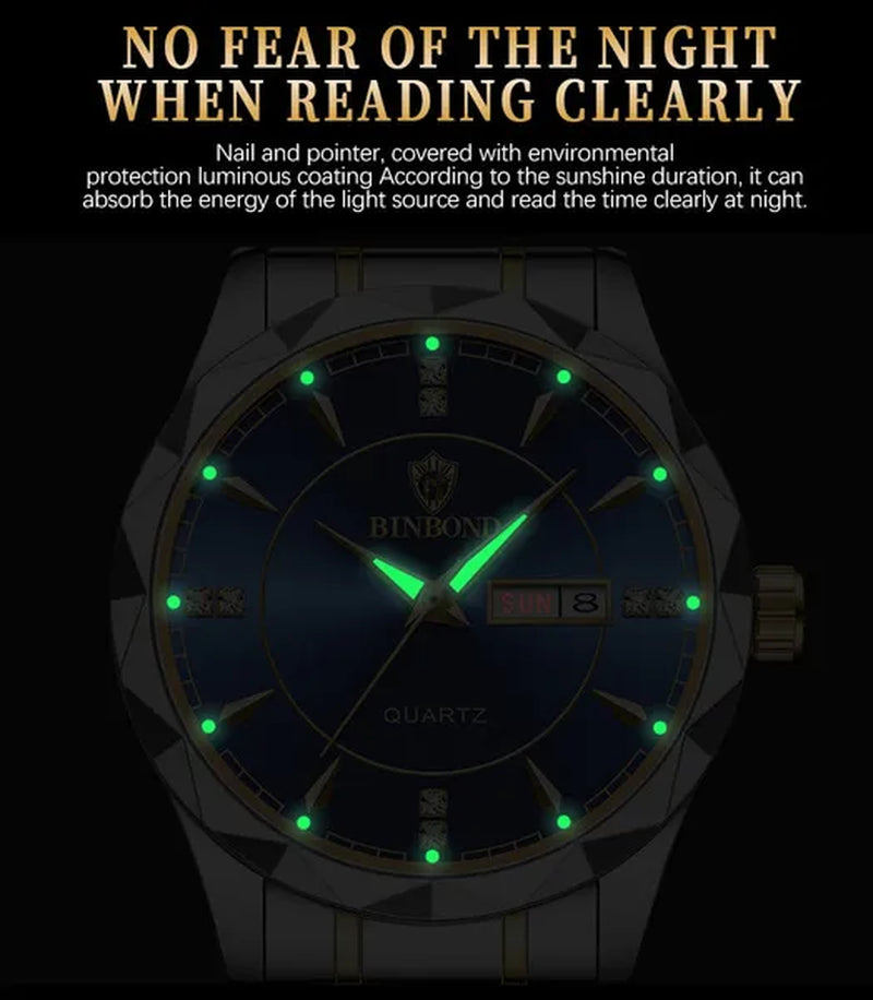 BINBOND Men's Fashion Quartz Watches Ultra Thin Diamond Stainless Steel Watch Waterproof Luminous Wrist Watch