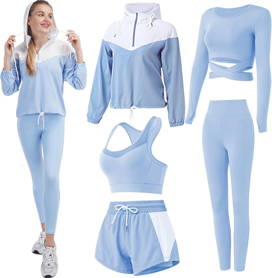 Workout Sets for Women 5 PCS Yoga Outfits Activewear Tracksuit Sets - WORLD TIME VISITS