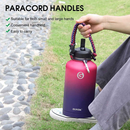 64 Oz Insulated Water Bottle with Straw & Paracord Handles & 2 Lids, Leak Proof Metal Water Jug, Hot Cold Stainless Steel Thermal Water Bottles, Half Gallon Large Water Flask for Sports, Gym