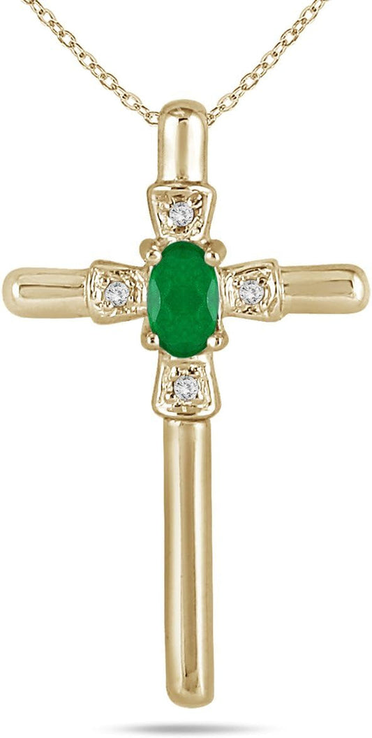 Genuine Gemstone and Diamond Cross Pendants in 10K Yellow Gold (Available in Emerald, Ruby and More)
