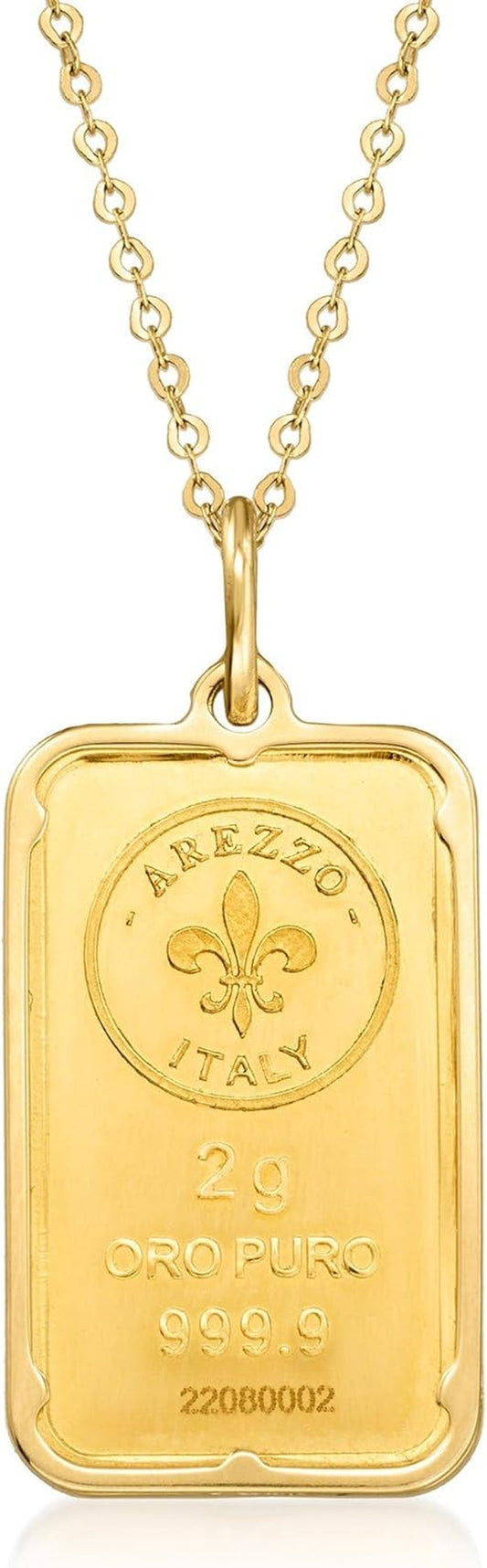 Italian 24Kt Yellow Gold Fleur-De-Lis 2-Gram Ingot Pendant Necklace with 14Kt Yellow Gold Frame. 20 Inches