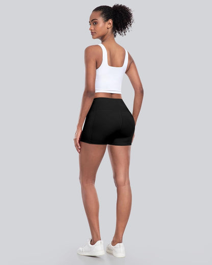 Womens Biker Shorts with Pockets: High Waisted Tummy Control Spandex Workout Yoga Athletic Gym Shorts 4 Packs