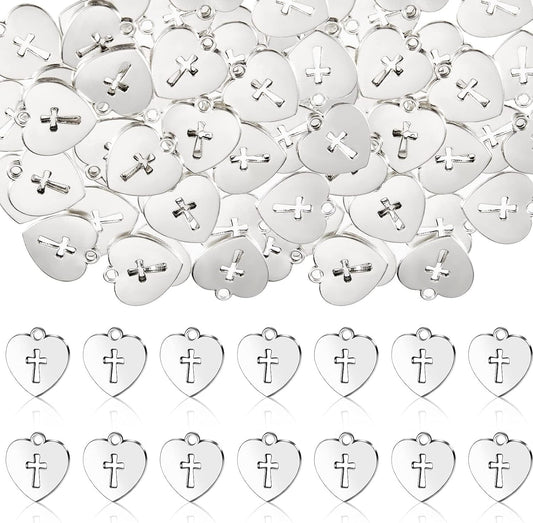 100 Pieces Silver Religious Charms Cross Charms Alloy Metal Heart Cross Pendants Heart Cross Charms for Religious Gatherings Party Supplies DIY Craft Bracelet Necklace Earrings Keychain Jewelry Making