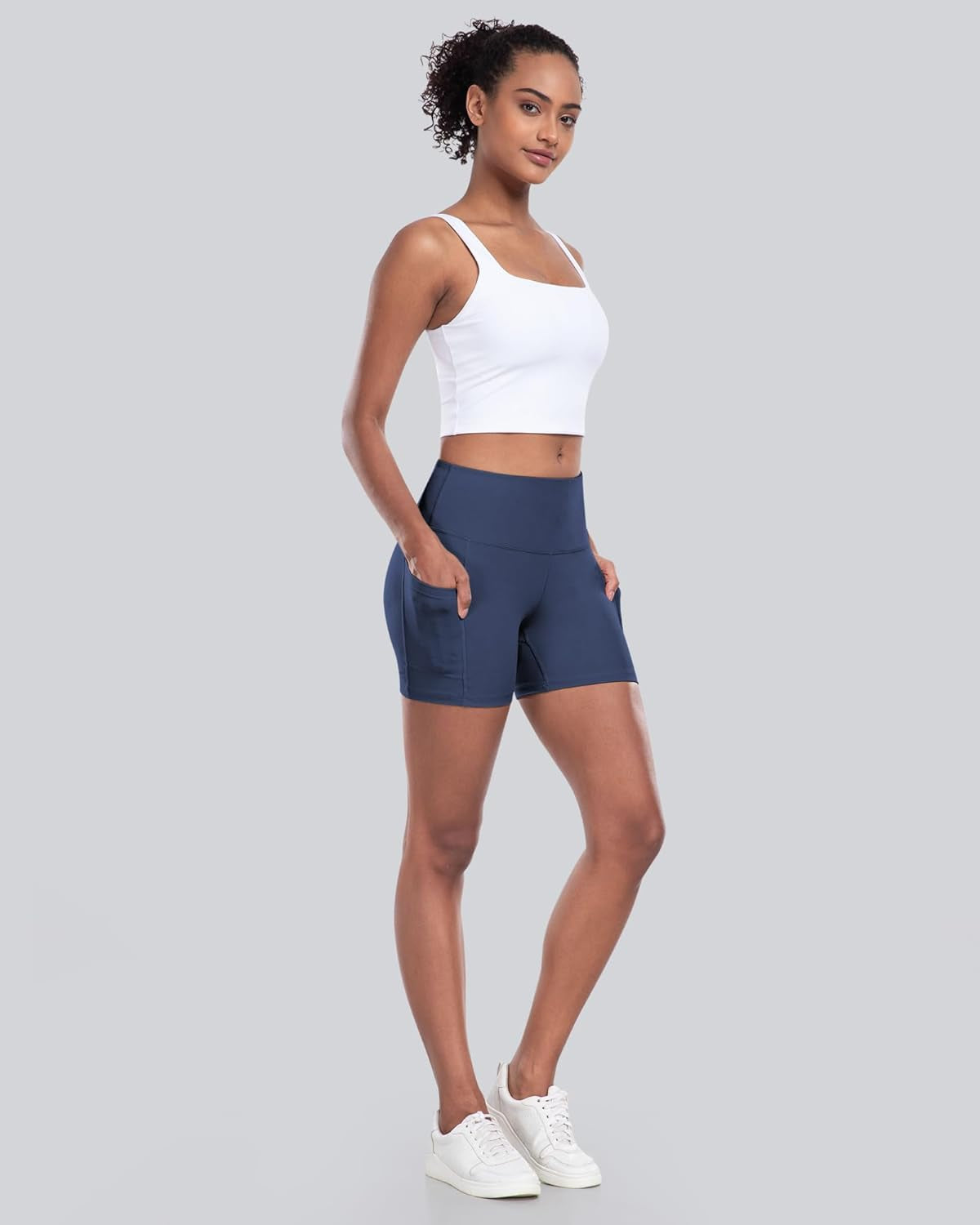 Womens Biker Shorts with Pockets: High Waisted Tummy Control Spandex Workout Yoga Athletic Gym Shorts 4 Packs