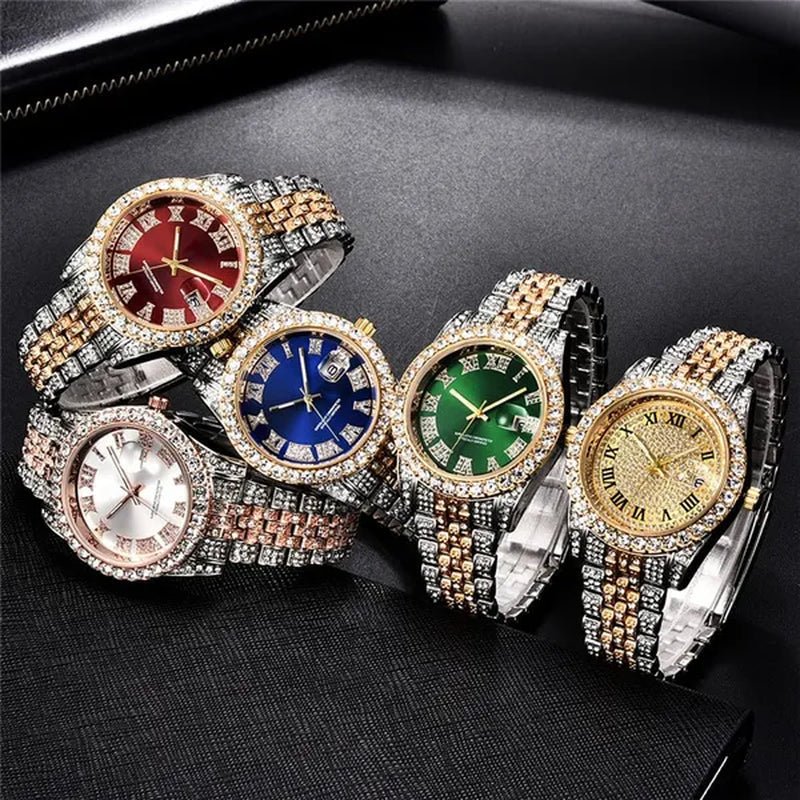 Full Bling Gold Large Diamond Watch for Men Iced - Out Hip Hop Mens Quartz Watches Waterproof Date Male Clock Gold Steel Relogio - WORLD TIME VISITS